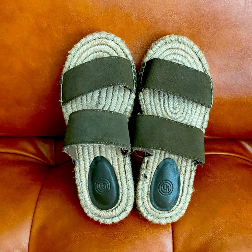 Olive green and tan thick platform sandals